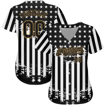 Personalized 3D American Flag Baseball Jersey in Black Old Gold-White Personalized Black Old Gold-White 3D American Flag