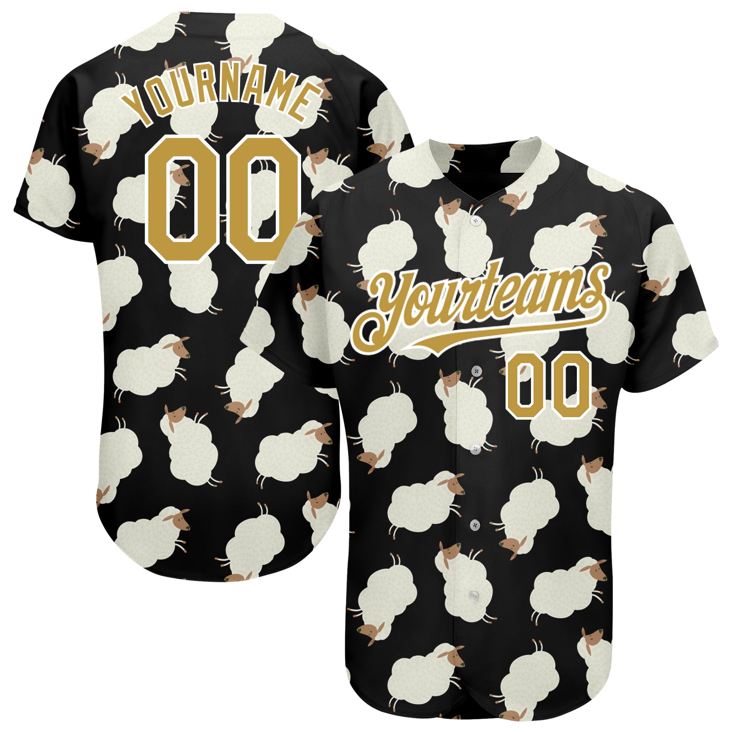Personalized 3D Goat Baseball Jersey in Black, Old Gold, and White Personalized Black Old Gold-White 3D Goat Baseball Jersey