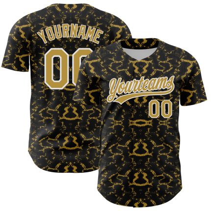 Custom Name and Number Baseball Jersey - Personalized Abstract Tiger Zebra Design, 3D Pattern in Black, Old Gold, White Personalized