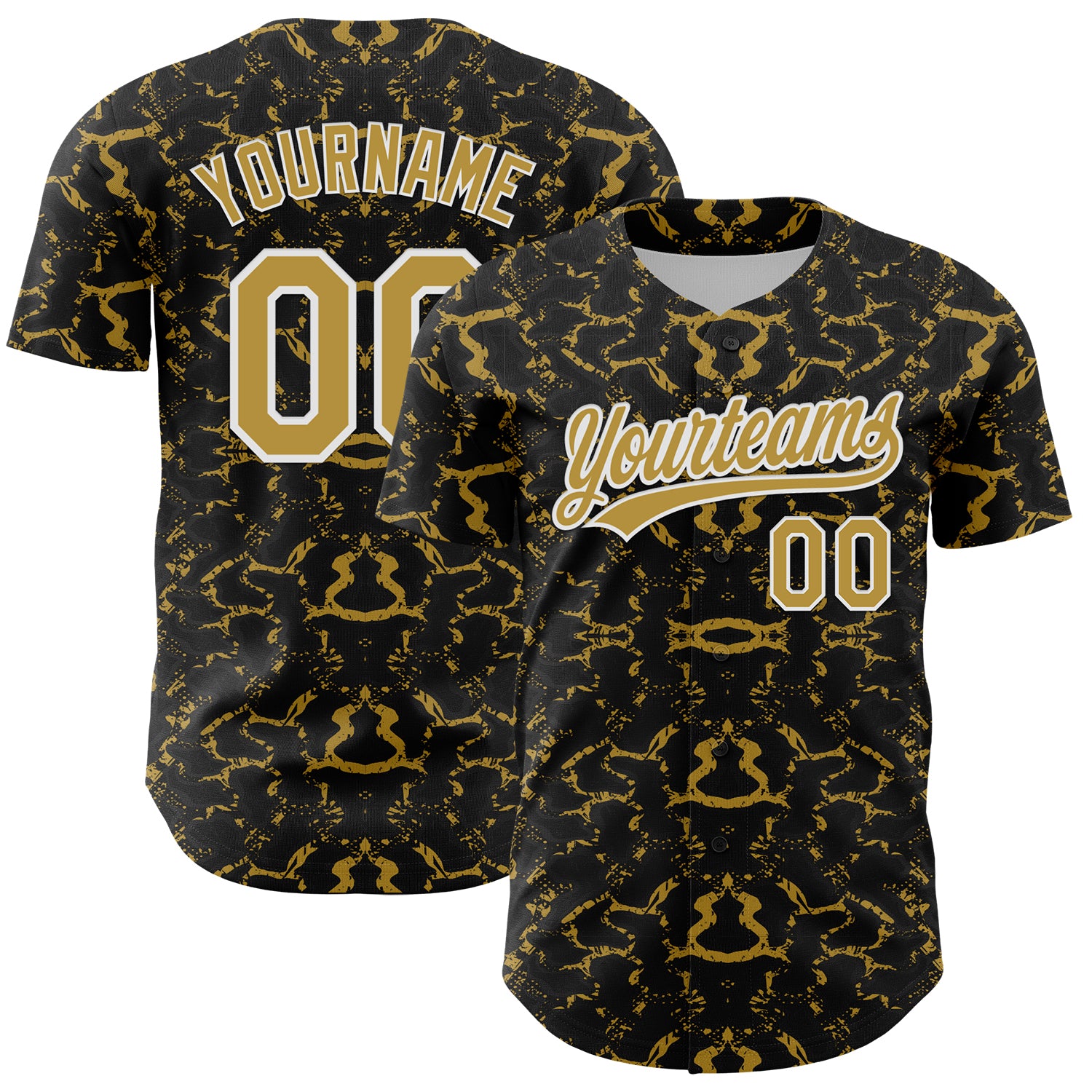 Custom Name and Number Baseball Jersey - Personalized Abstract Tiger Zebra Design, 3D Pattern in Black, Old Gold, White Personalized