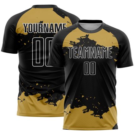 Customizable Abstract Soccer Jersey with Personalized Name and Number - Black Gold White Fragment Art Design Personalized