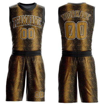 Custom Name and Number Basketball Jersey, Personalized Round Neck Animal Fur Print in Black, Old Gold & White - Sports Suit