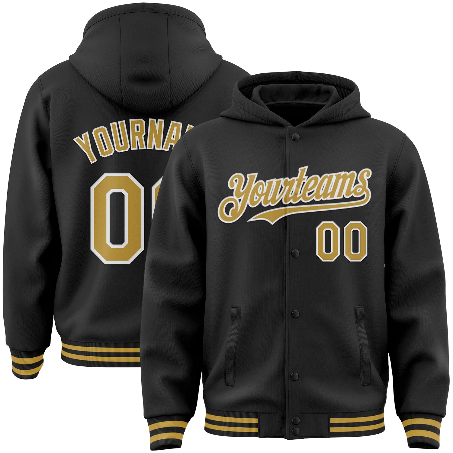 Custom Name and Number Black Varsity Letterman Bomber Hoodie Jacket - Personalized Old Gold & White Full-Snap Design Personalized