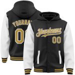 Custom Name and Number Black Old Gold White Varsity Bomber Full-Snap Two Tone Hoodie Jacket Personalized Black Old Gold-White