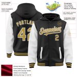 Custom Name and Number Black Old Gold White Varsity Bomber Full-Snap Two Tone Hoodie Jacket Personalized Black Old Gold-White