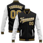 Custom Name and Number Varsity Letterman Bomber Jacket Black Old Gold White Full-Snap Two Tone Personalized Black Old Gold-White