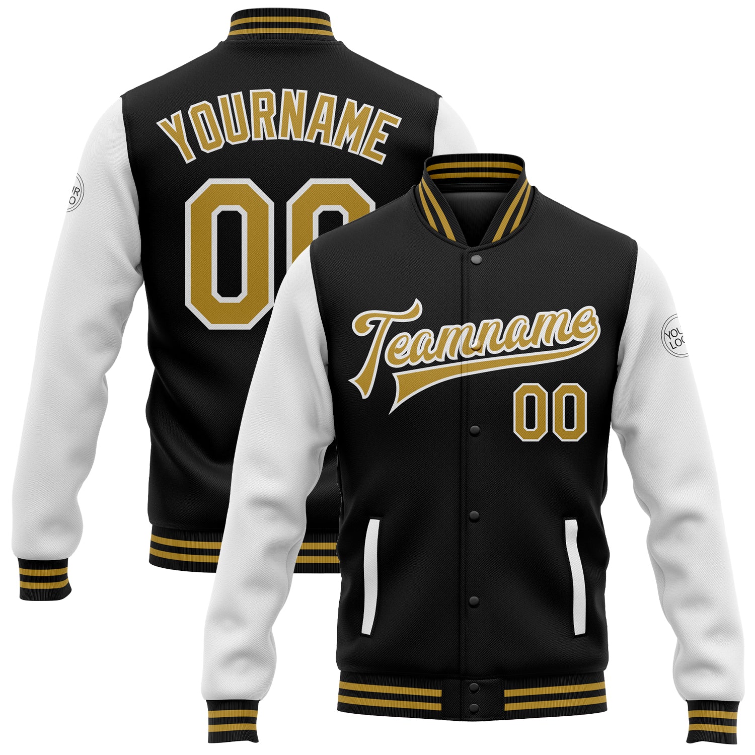 Custom Name and Number Varsity Letterman Bomber Jacket Black Old Gold White Full-Snap Two Tone Personalized Black Old Gold-White