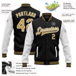 Custom Name and Number Varsity Letterman Bomber Jacket Black Old Gold White Full-Snap Two Tone Personalized Black Old Gold-White