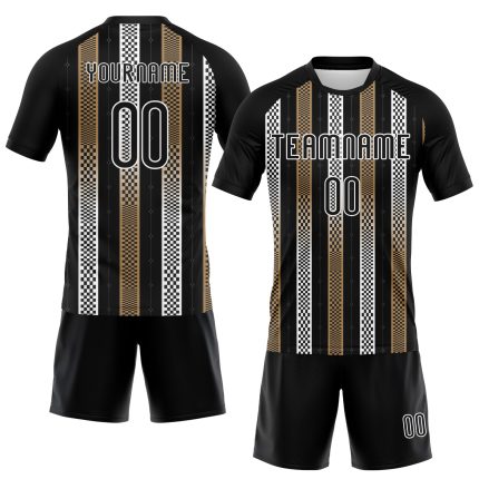 Personalized Geometric Shape Volleyball Jersey - Black Old Gold-White Sublimation Uniform Personalized Black Old Gold-White