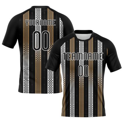 Personalized Geometric Shape Volleyball Jersey - Black Old Gold-White Sublimation Uniform Personalized Black Old Gold-White