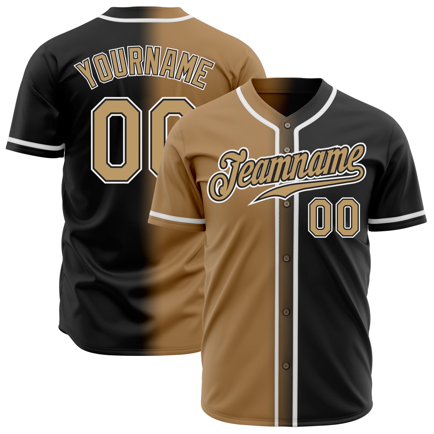 Personalized Black and Gold Gradient Baseball Jersey - Fashion Sportswear Jersey Personalized Black Old Gold-White Gradient