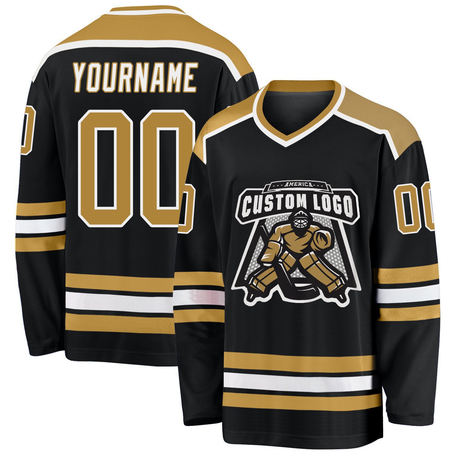 Personalized Black and Gold Hockey Jersey - Old Gold and White Design Personalized Black Old Gold-White Hockey Jersey