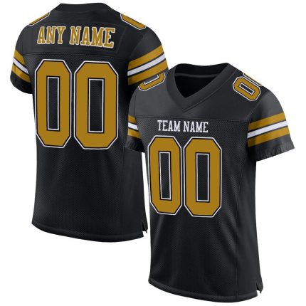 Personalized Old Gold and White Black Football Jersey - Custom Sports Apparel Personalized Black Old Gold-White Mesh Football
