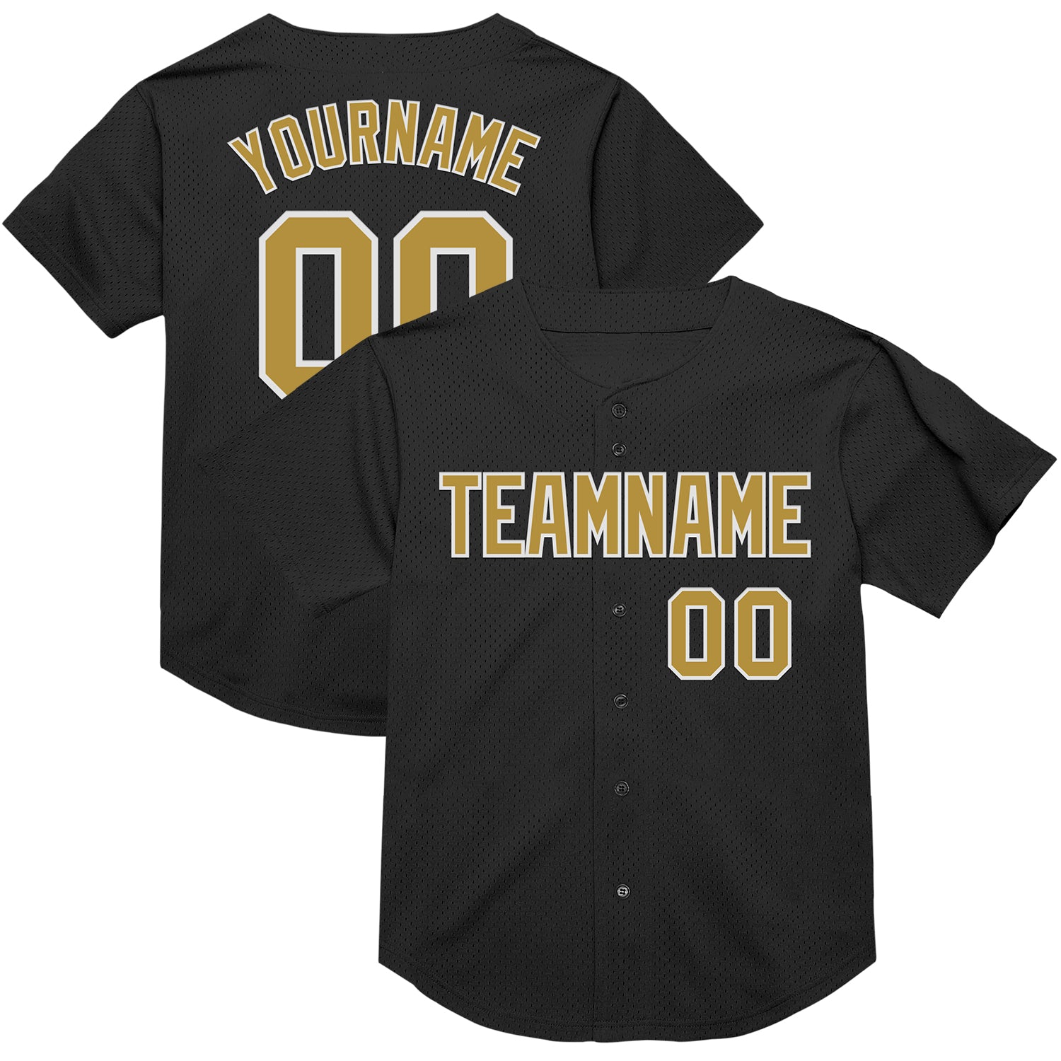 Personalized Throwback Baseball Jersey - Black Old Gold White Mesh Design Personalized Black Old Gold-White Mesh Throwback