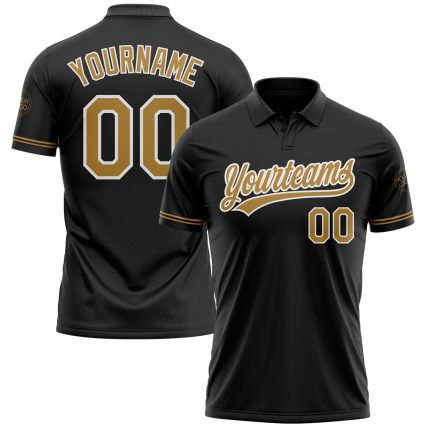 Personalized Black Golf Polo Shirt - Old Gold & White Performance Apparel Personalized Black Old Gold-White Performance Vapor