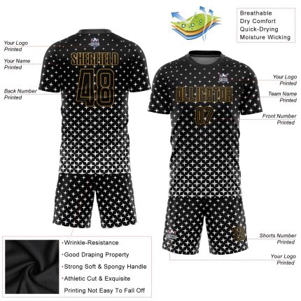 Personalized Black Gold and White Soccer Jersey Uniform for Kids and Adults Personalized Black Old Gold-White Sublimation