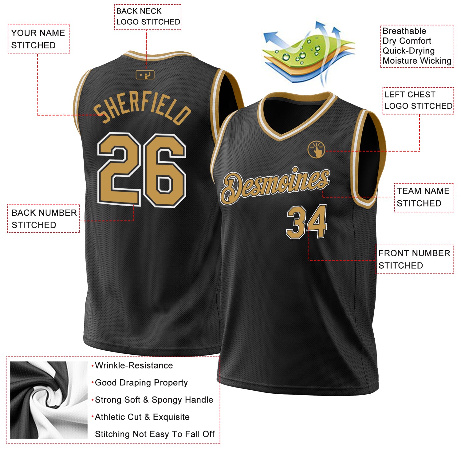 Custom Black and Old Gold Throwback Basketball Jersey for Men and Women Personalized Black Old Gold-White Throwback Basketball - Image 3