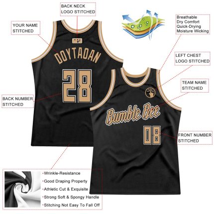 Personalized Black Throwback Basketball Jersey with Old Gold and White Accents Personalized Black Old Gold-White Throwback