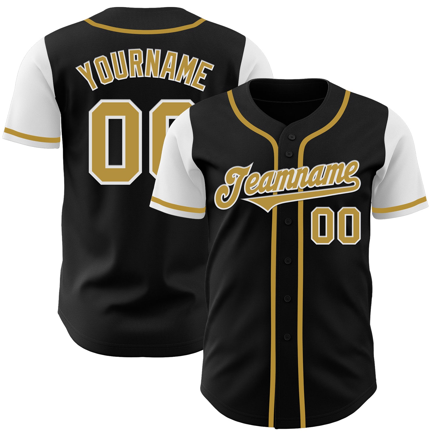 Customizable Two Tone Black Old Gold White Baseball Jersey - Personalized Baseball Gear Personalized Black Old Gold-White