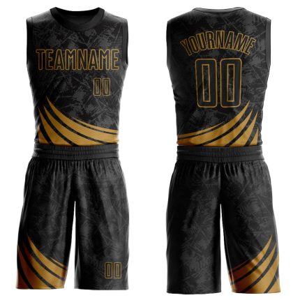 Personalized Black Gold Sublimation Basketball Jersey Suit with Wind Shapes Design, Round Neck Personalized Black Old Gold