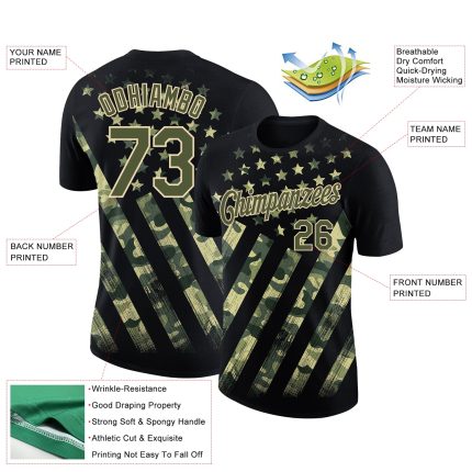 Custom American Flag Performance T-Shirt for Team - Personalized Black Olive-City Cream with Name and Number Personalized