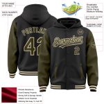 Custom Black Olive-Cream Two Tone Bomber Hoodie Jacket for Varsity Letterman with Name and Number Personalized Black Olive-Cream