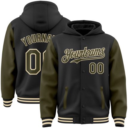 Custom Black Olive-Cream Two Tone Bomber Hoodie Jacket for Varsity Letterman with Name and Number Personalized Black Olive-Cream