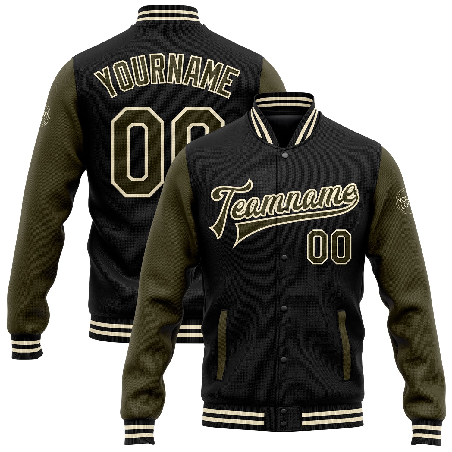 Personalized Two Tone Black Olive-Cream Varsity Letterman Bomber Jacket Full-Snap Personalized Black Olive-Cream Bomber Full-Snap