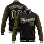 Custom Team Name Number Bomber Jacket Black Olive Cream Two Tone Full-Snap Varsity Letterman Personalized Black Olive-Cream