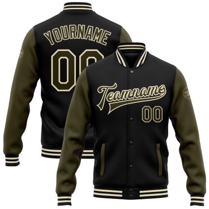 Custom Team Name Number Bomber Jacket Black Olive Cream Two Tone Full-Snap Varsity Letterman Personalized Black Olive-Cream