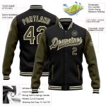 Custom Team Name Number Bomber Jacket Black Olive Cream Two Tone Full-Snap Varsity Letterman Personalized Black Olive-Cream