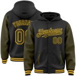 Custom Name and Number Two-Tone Bomber Hoodie Jacket Personalized Black Olive Gold Varsity Letterman Personalized Black Olive-Gold