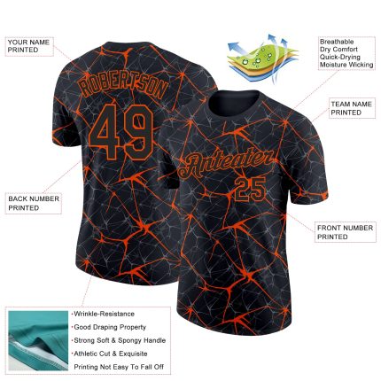 Personalized 3D Abstract Network Performance T-Shirt in Black and Orange Personalized Black Orange 3D Abstract Network Performance