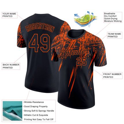 3D Abstract Sharp Shape Performance T-Shirt - Personalized Black Orange Design Personalized Black Orange 3D Abstract Sharp