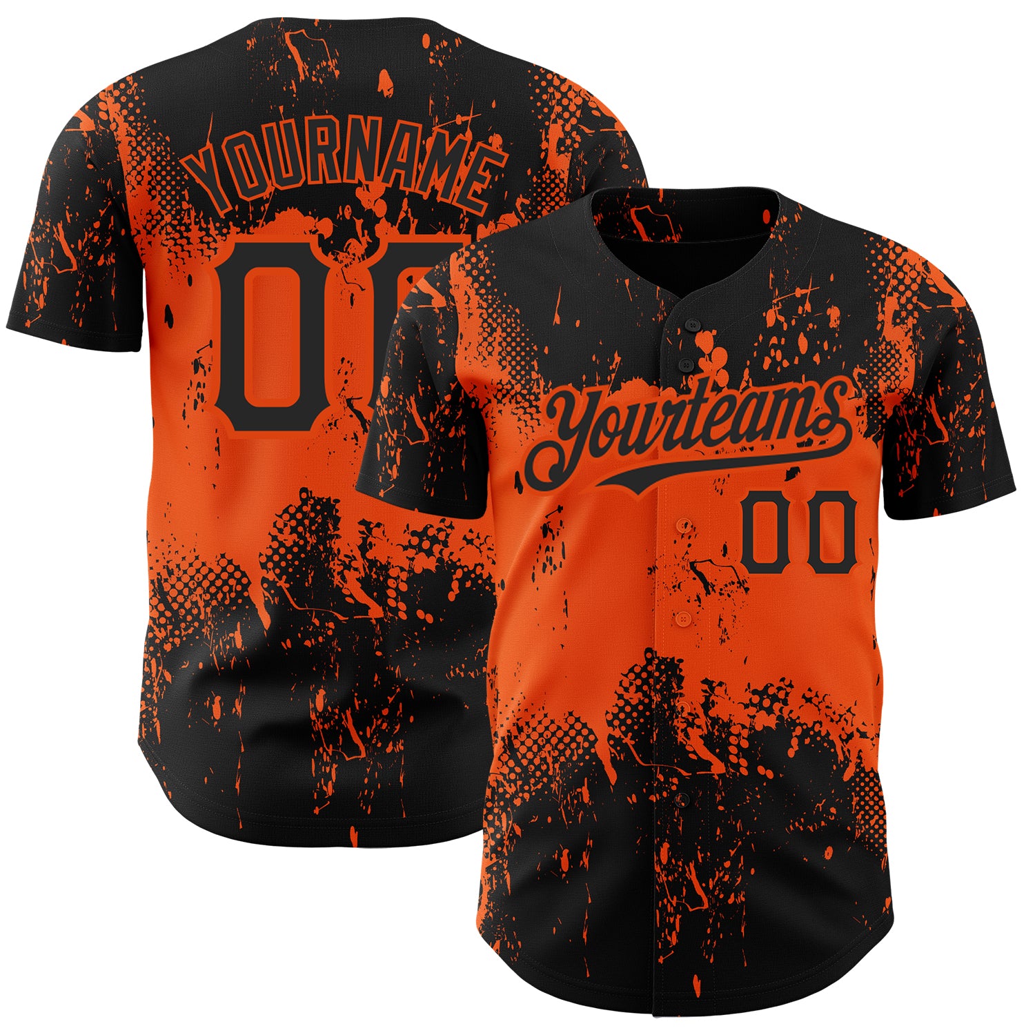 Personalized 3D Abstract Splatter Grunge Art Baseball Jersey - Black and Orange Design Personalized Black Orange 3D Abstract