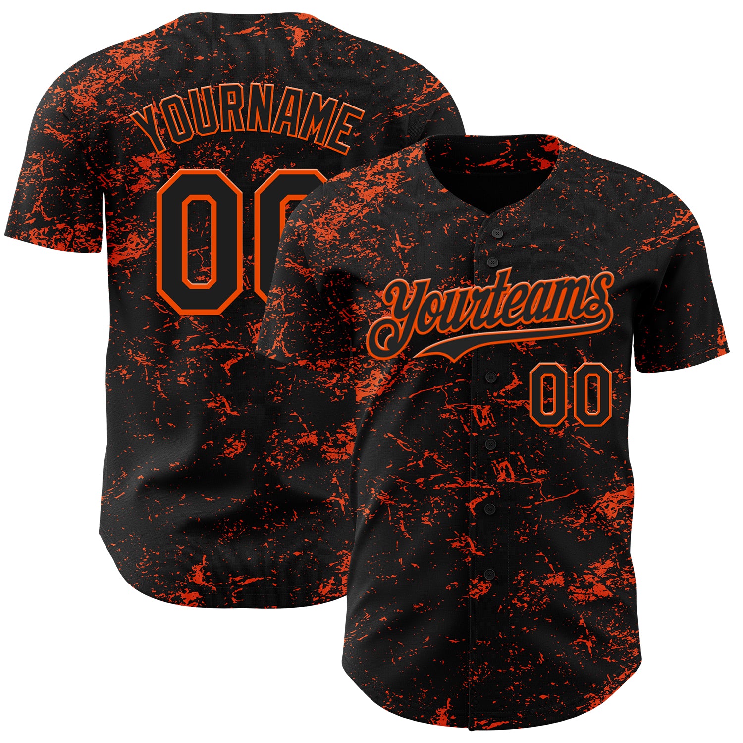 Personalized 3D Abstract Splatter Baseball Jersey in Black and Orange Personalized Black Orange 3D Abstract Splatter Texture