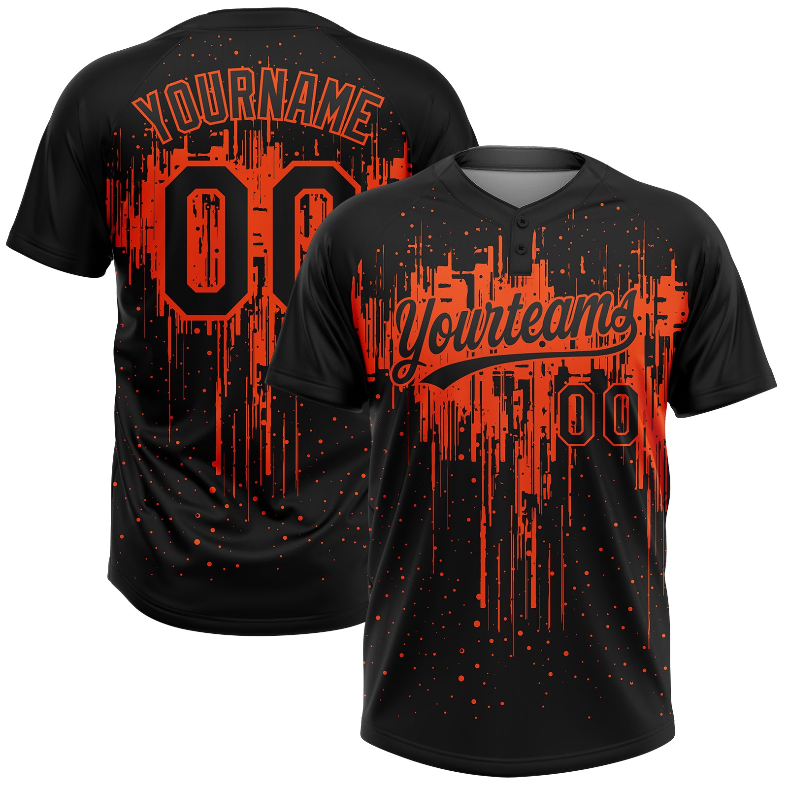 Personalized 3D Dripping Splatter Art Black Orange Unisex Softball Jersey - Two-Button Design Personalized Black Orange 3D