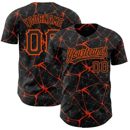 Custom Name and Number Authentic Baseball Jersey, Personalized Black and Orange 3D Abstract Network Design Personalized Black