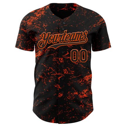 Custom Name and Number Baseball Jersey - Personalized Black and Orange 3D Splatter Pattern Design, Authentic Team Uniform