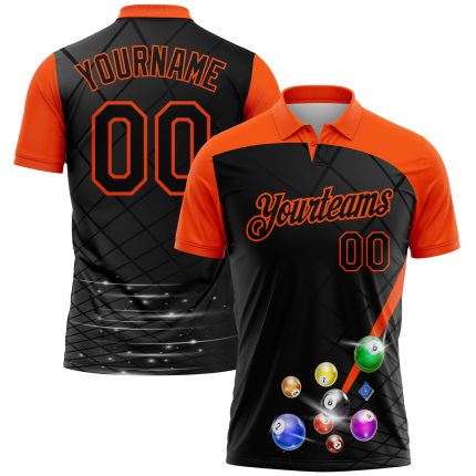 Custom Team Name and Number Orange Black 3D Pattern Billiards Polo Shirt - Personalized Performance Shirt Personalized Black