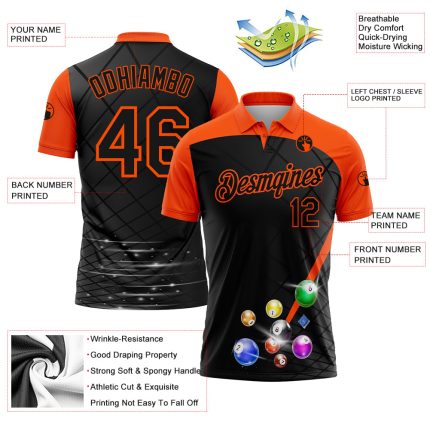 Custom Team Name and Number Orange Black 3D Pattern Billiards Polo Shirt - Personalized Performance Shirt Personalized Black