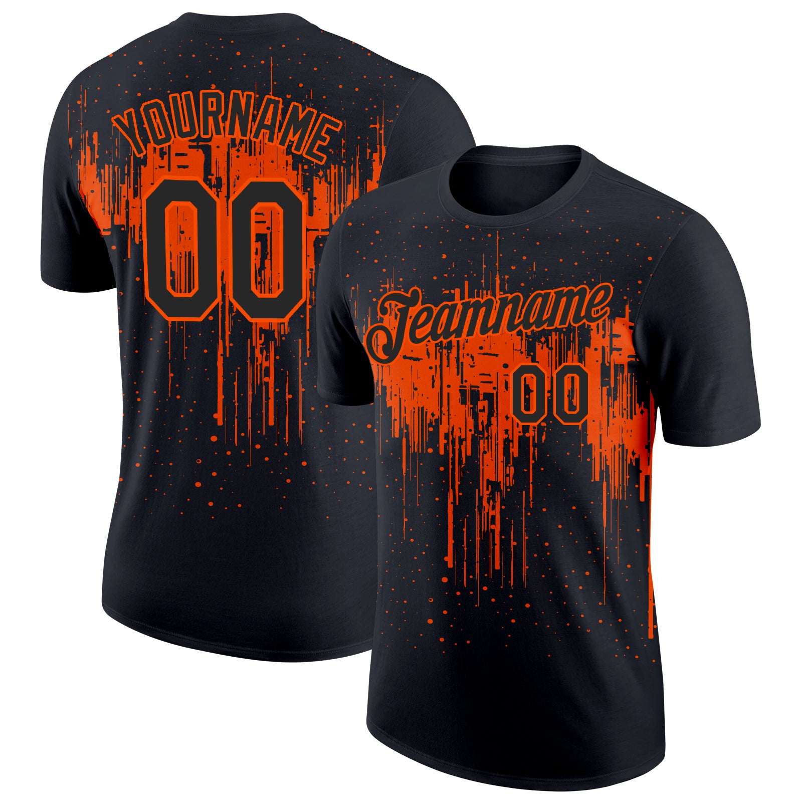 Custom Name and Number Performance T-Shirt with Black Orange 3D Dripping Splatter Art Design Personalized Black Orange 3D