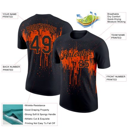 Custom Name and Number Performance T-Shirt with Black Orange 3D Dripping Splatter Art Design Personalized Black Orange 3D