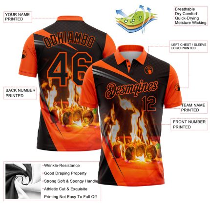 Personalized Flame Billiards Polo Shirt with Custom Name & Number - Black Orange 3D Pattern Design for Team Performance Personalized