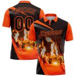 Personalized Flame Billiards Polo Shirt with Custom Name & Number - Black Orange 3D Pattern Design for Team Performance Personalized