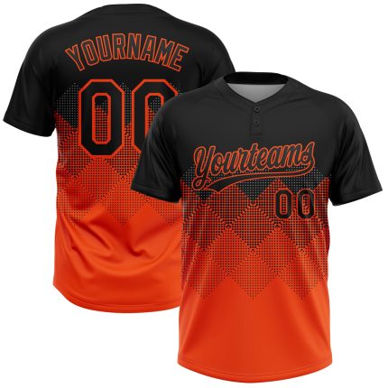 Custom Name Number Unisex Softball Jersey 3D Orange Black Gradient Square Pattern Two-Button Design Personalized Black Orange