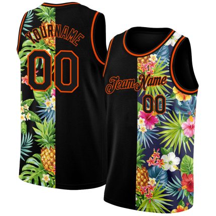 Personalized Tropical Pineapples Basketball Jersey with Custom Name & Number - Black Orange 3D Pattern Hawaii Palm Leaves and Flowers