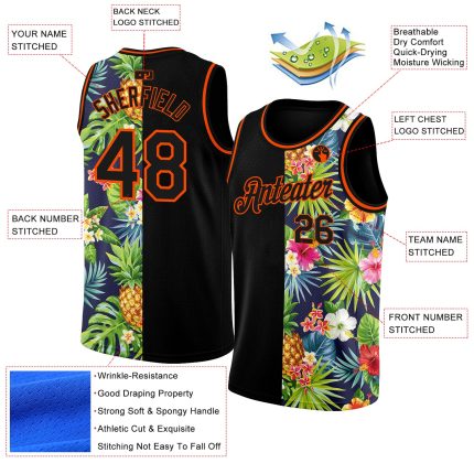 Personalized Tropical Pineapples Basketball Jersey with Custom Name & Number - Black Orange 3D Pattern Hawaii Palm Leaves and Flowers