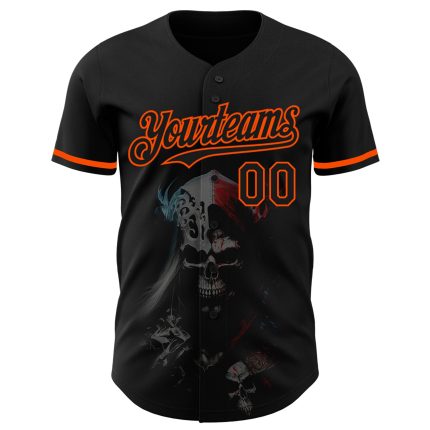 Custom Name and Number 3D Skull Baseball Jersey - Personalized Black and Orange Fashion Team Wear Personalized Black Orange