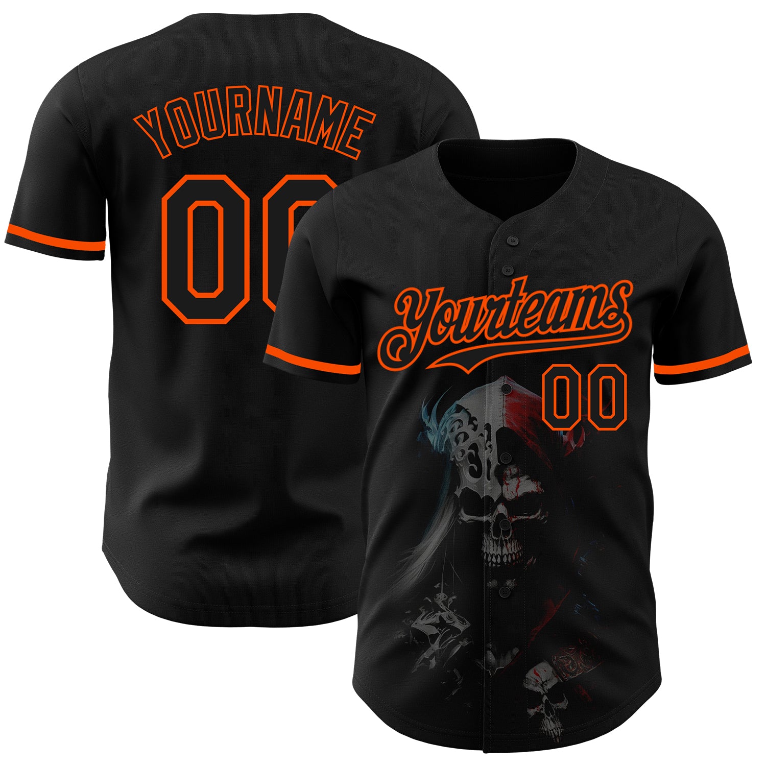 Custom Name and Number 3D Skull Baseball Jersey - Personalized Black and Orange Fashion Team Wear Personalized Black Orange